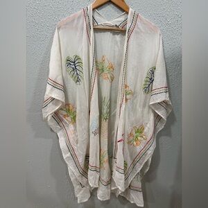 Soft Surroundings Tropical Bird Leaf Embroidered Kimono Cover Up in white/beige